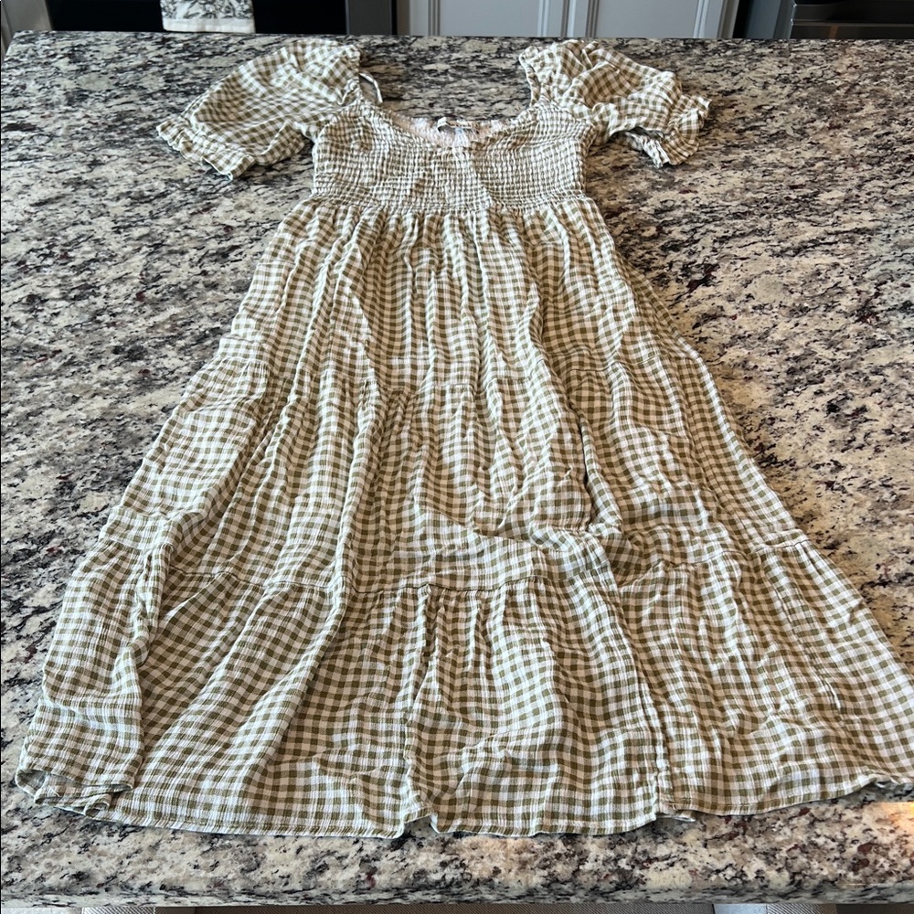 Abercrombie & Fitch Olive Green and White Gingham Smocked Midi Dress